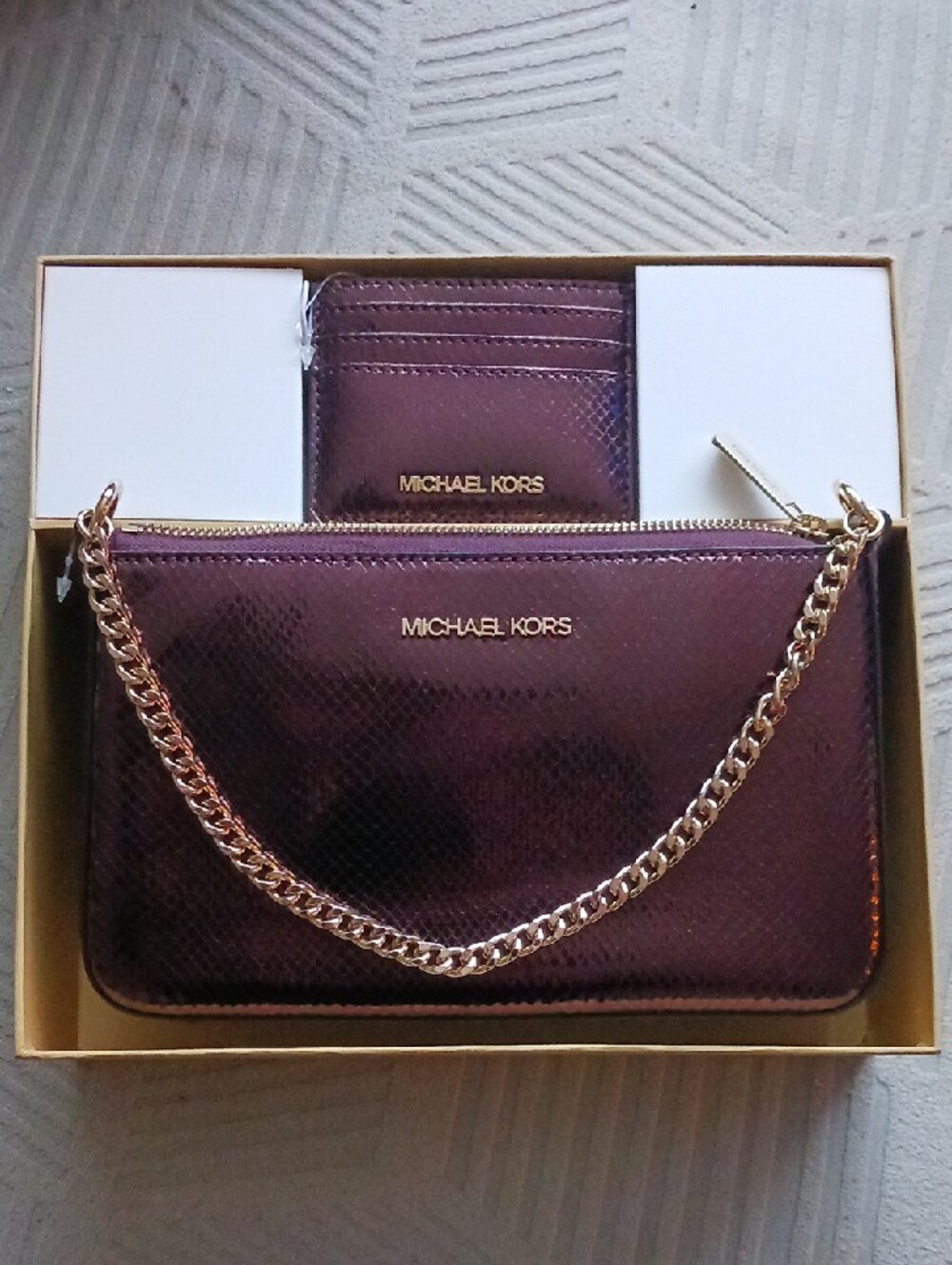 Michael Kors Metallic Plum Satchel Snake-Embossed Crossbody and Cardholder Set